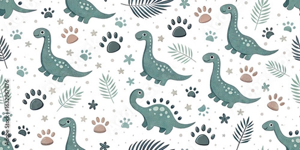 Fototapeta Charming dinosaur and paw print pattern perfect for children's decor and whimsical designs
