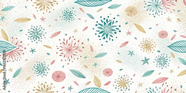 Fototapeta Vibrant floral and leaf pattern with scattered confetti for festive celebrations and design.