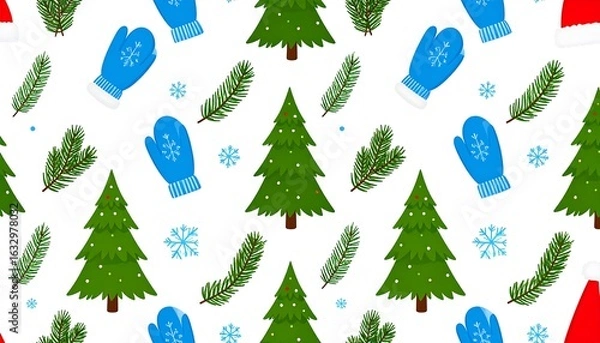 Fototapeta Christmas pattern with trees, mittens, and fir branches