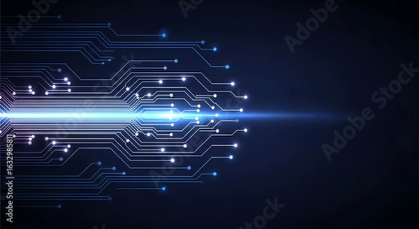 Obraz A futuristic vector background with glowing circuit lines and a radiant flare at its center. This digital art piece symbolizes technology, data networks, and innovation.