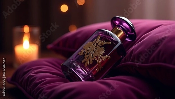 Fototapeta A purple perfume bottle with gold floral design resting on a purple pillow with a candle in the background