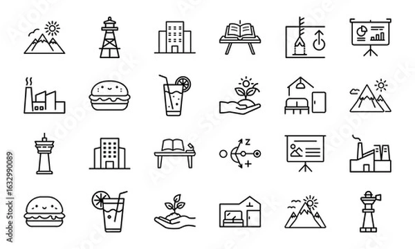 Obraz Minimal Line Icons Set Featuring Business, Office, Food, Environment, and Travel Elements – Modern Vector Symbols for UI/UX, Apps, Websites and Infographics"