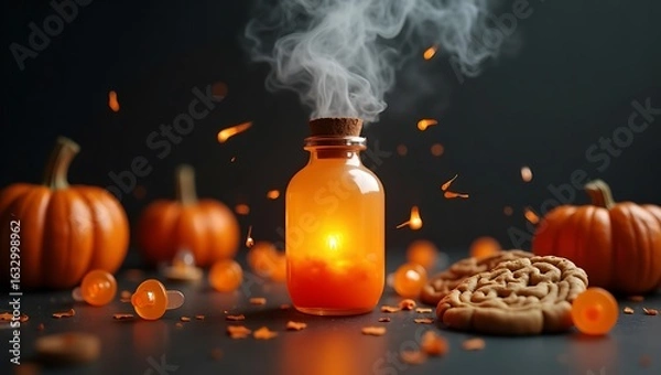 Fototapeta A potion bottle with smoke with pumpkins and cookies on a dark surface for halloween celebration
