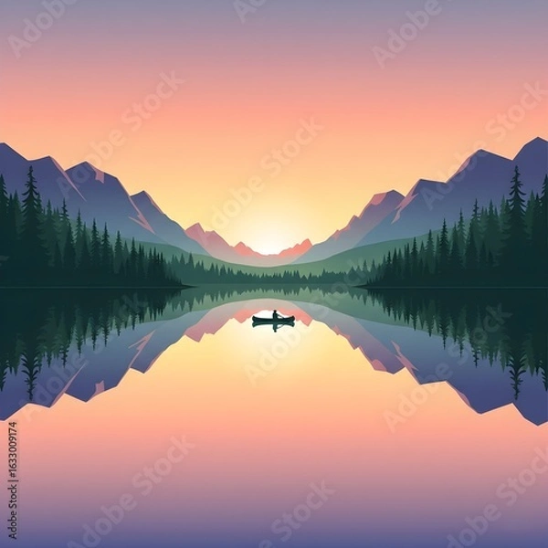 Fototapeta Still Lake at Golden Hour with Reflections of Mountains and Pine Trees – Minimalist Nature Scene