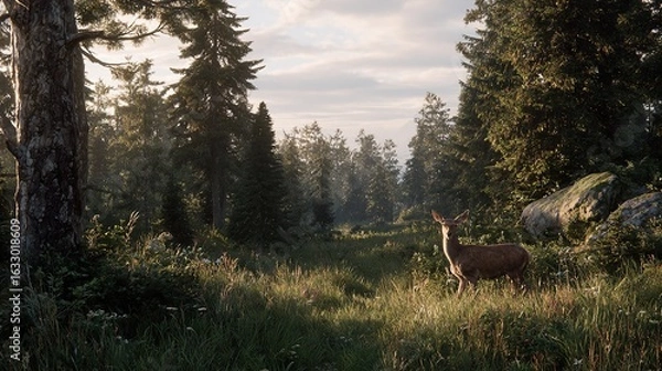 Fototapeta Serene forest clearing at dawn, a young deer stands amidst tall grasses bathed in golden sunlight filtering through dense evergreens, rocks and wildflowers visible