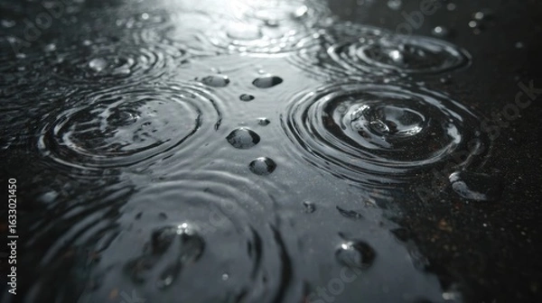 Fototapeta Rainwater Creates Ripples on a Dark Surface During a Rainy Afternoon in a Serene Environment