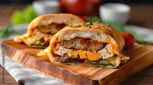 Fototapeta Delicious stuffed ufo burger with savory ingredients on a wooden board at a dining table