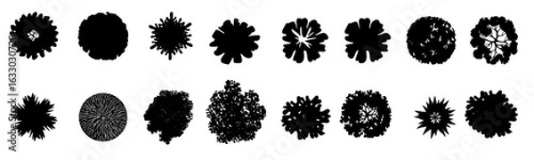 Fototapeta Tree top view vector silhouette collection in various styles. Perfect tree top for architectural plans, landscape design, and environmental presentation, offering diverse tree canopy shapes
