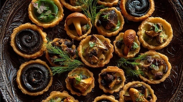 Fototapeta Platter of various mushroom tarts & pies arranged with dill on a textured surface