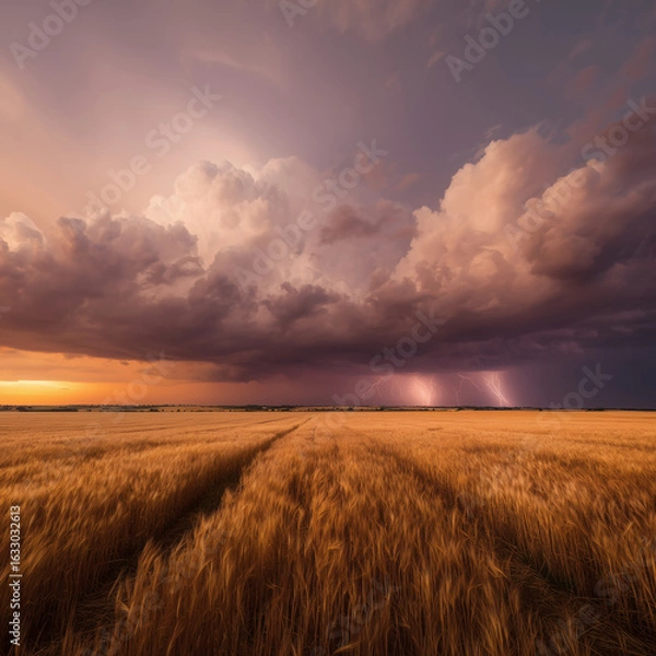 Fototapeta Golden wheat field under dramatic thunderstorm clouds with visible lightning strikes during sunset