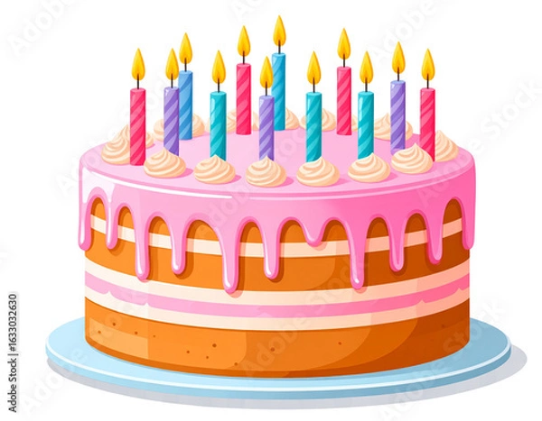Fototapeta  Single-Layer Birthday Cake with Dripping Icing and Lit Candles, Top-Down Flat Design, isolated