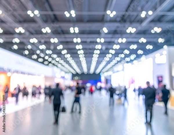 Fototapeta Abstract blurred background of a bustling exhibition hall or modern convention center with people walking and bright bokeh lights. Busy blurred scene of people and lights in a modern exhibition hall.