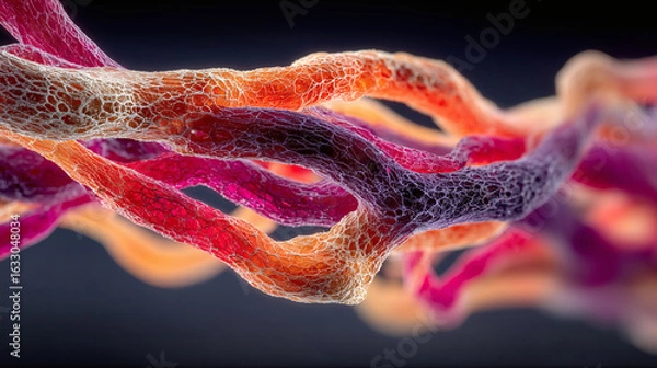 Fototapeta Vibrant abstract strands of tangled orange and magenta lines with delicate net-like organic textures