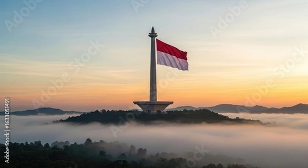 Obraz Sunrise over monument with flag