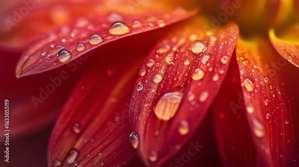 Fototapeta Close-up of water droplets resting on bright red dahlia petals after rain.