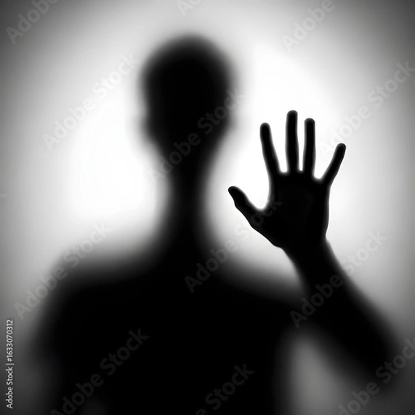 Fototapeta black and white photograph shows of a blurred silhouette of a man behind a matte or translucent surface. The hand is clearly pressed against the surface. eerie image, emotional expression, conceptual
