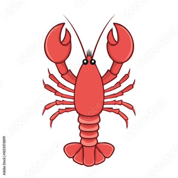 Fototapeta A cute red cartoon lobster with large claws and antennae, isolated on a white background.
