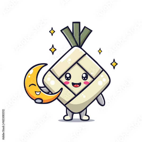 Fototapeta Cute ketupat character holding a crescent moon, surrounded by sparkling stars, on a white background.