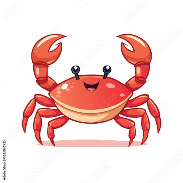 Fototapeta Cheerful cartoon crab, red shell, smiling face, raised claws, ocean creature.