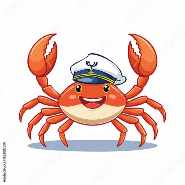 Fototapeta Cartoon crab wearing a white and blue captain's hat, smiling with claws raised against a white background.
