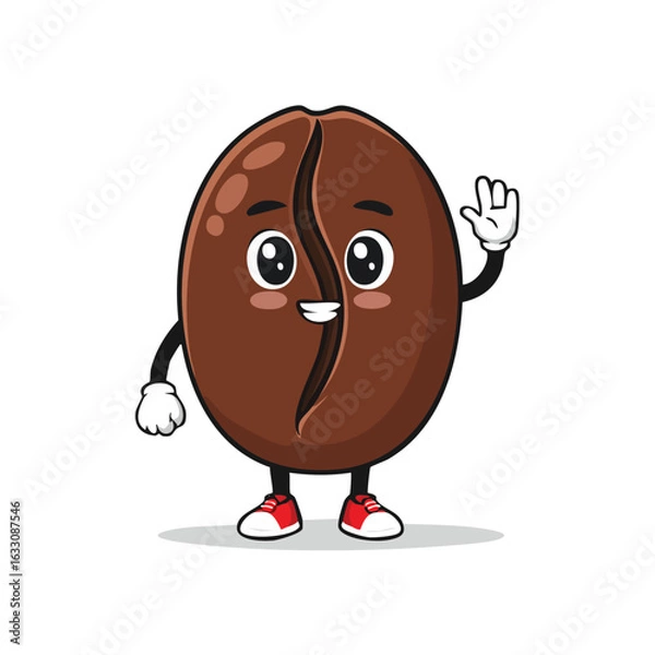 Fototapeta A cheerful cartoon coffee bean character waving with a friendly expression and rosy cheeks.