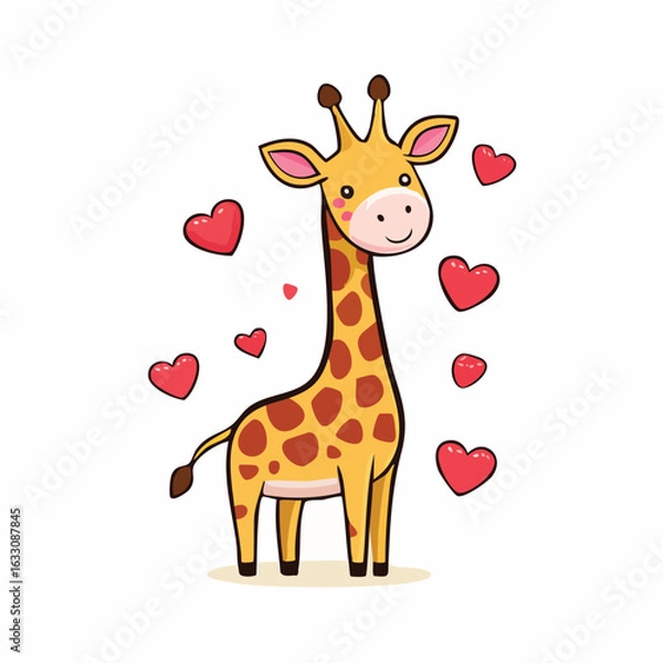 Fototapeta A charming cartoon giraffe stands surrounded by floating red hearts, smiling happily.