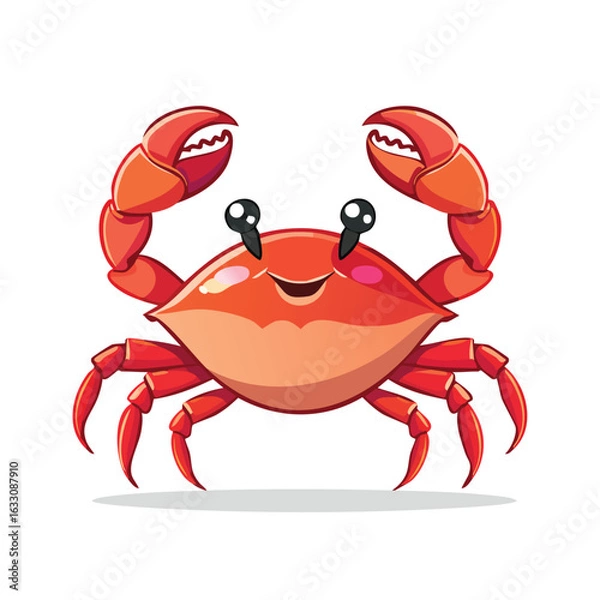 Fototapeta A cheerful cartoon crab with raised claws, smiling, and bright red coloring.
