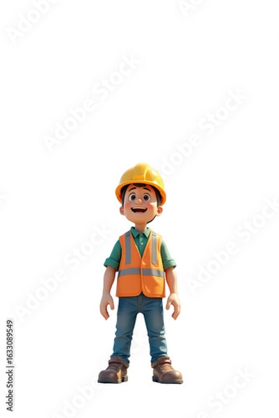 Obraz Cheerful cartoon construction worker looking upwards.