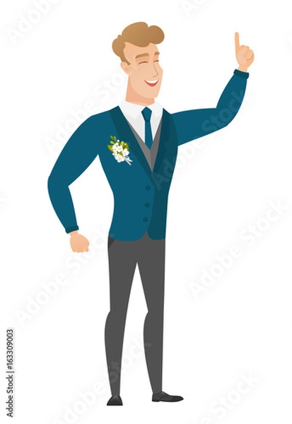 Fototapeta Caucasian groom pointing with his forefinger