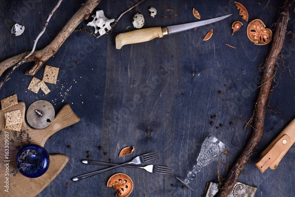 Obraz Table with cooking facilities, restaurant menu frame background.