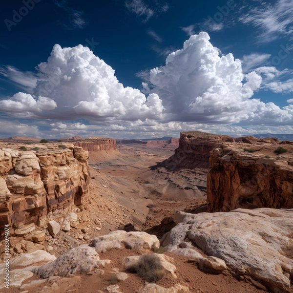 Fototapeta Fluffy white clouds casting bold shadows over desert cliffs under deep blue midday sky