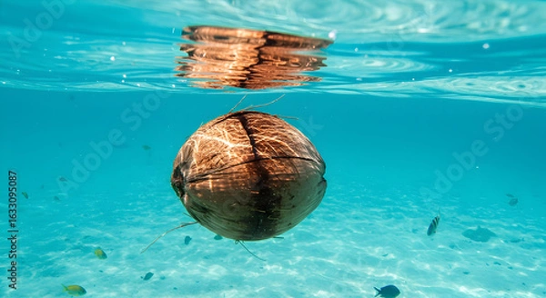 Fototapeta A coconut floating in clear blue water