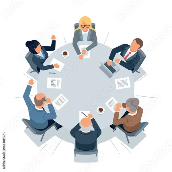 Fototapeta Office workers discussing a project at a round table meeting.