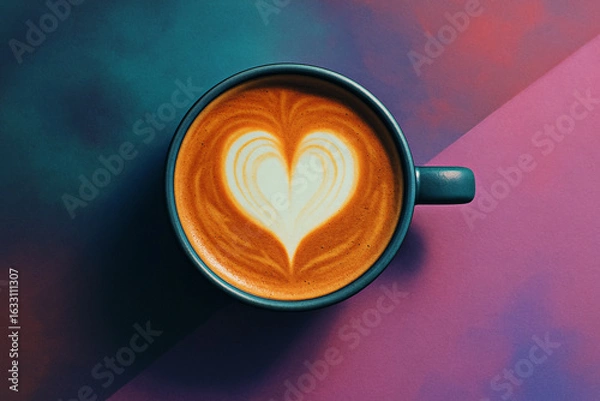 Fototapeta Overhead View of Teal Mug with Heart Latte Art on Purple and Teal Background