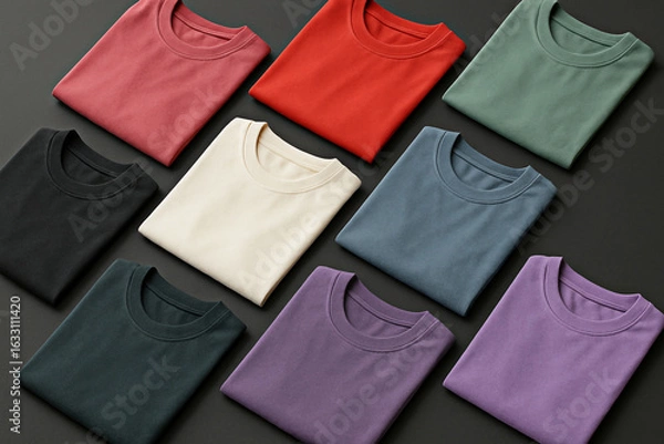 Fototapeta Folded Crew Neck T-Shirts:  Neutral Color Palette, Minimalist Style, Flat Lay Mockup, Apparel Branding.