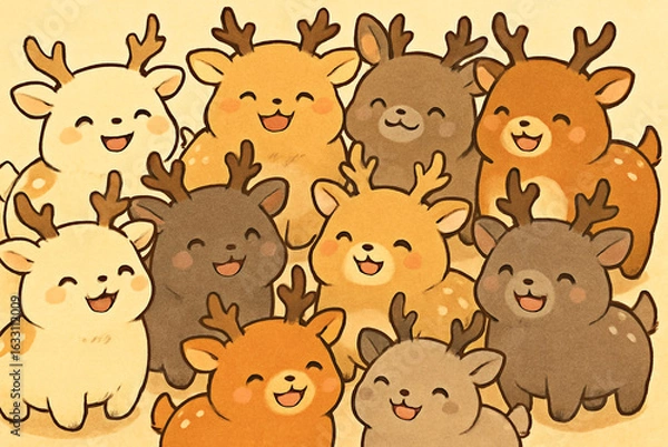 Fototapeta Adorable Group of Cartoon Deer, Happy and Playful, Autumnal Color Palette, Kawaii Style Illustration