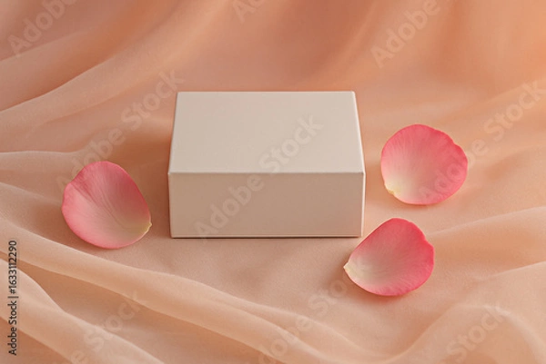 Fototapeta Elegant blush pink silk fabric backdrop with a blank white square box and delicate rose petals; minimalist product display.