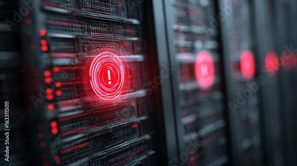 Fototapeta Close-up of a server rack displaying a series of blinking red alert lights, indicating critical system status.