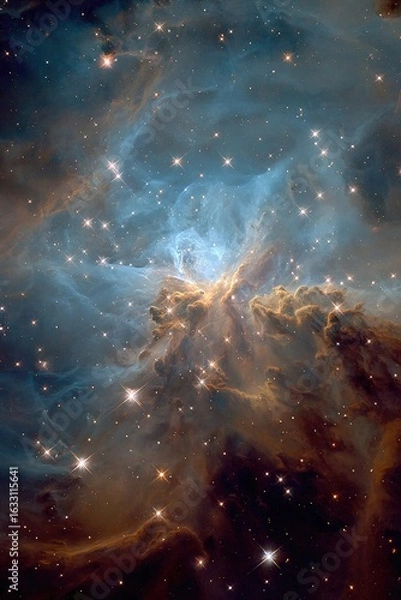 Fototapeta Celestial nebula, swirling gas and dust, vibrant hues of blue, orange, and dark space
