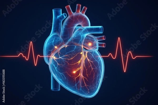 Fototapeta Anatomical Heartbeat: A striking, photorealistic medical illustration of the human heart, overlaid with an animated heartbeat rhythm, set against a deep, vibrant background.