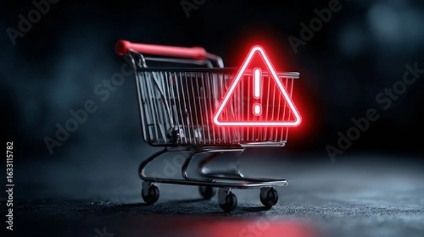 Fototapeta A metal shopping cart with a glowing red warning symbol, set against a dark and moody background.