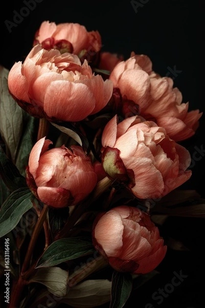 Fototapeta Close-up of a bouquet of coral peonies against a dark background