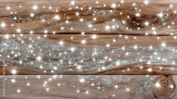 Fototapeta Natural wooden plank texture with sparkling glitter and starburst light effects