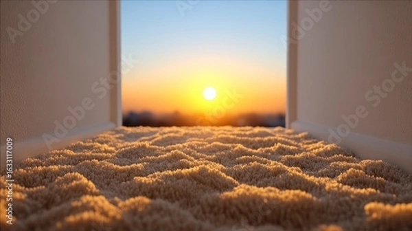 Obraz Close up perspective of plush carpet leading to a bright sunset view through a doorway