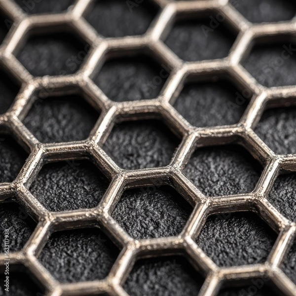 Fototapeta Close-up of a metallic hexagonal grid pattern on a dark background