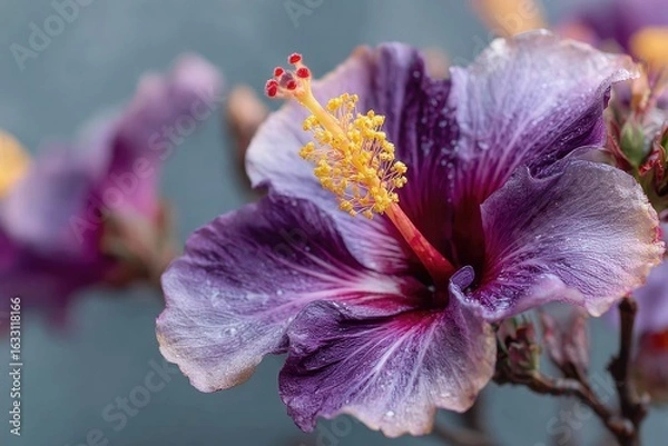 Fototapeta Close-up of a purple hibiscus flower with water droplets
