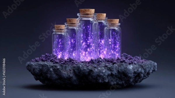 Obraz Multiple glass bottles containing glowing purple particles resting on textured rock