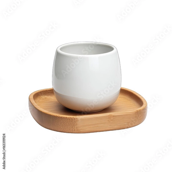 Fototapeta A minimalist white ceramic cup rests on a light brown, softly rounded bamboo coaster.  The cup is short and slightly wider at the top