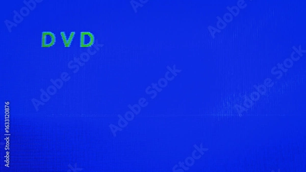 Fototapeta CRT tv displaying the "DVD" input on blue background. Screen no signal, Disconnected or powered-off DVD player. Retro vhs technology and nostalgia.