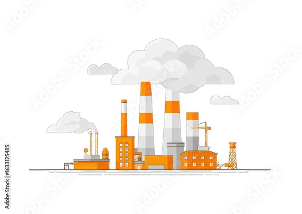 Fototapeta A stylized illustration of an industrial complex, featuring multiple buildings, smokestacks emitting pollution clouds, and a minimalist design style